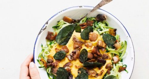Carbonara Zoodles with Eggplant Bacon and Sage